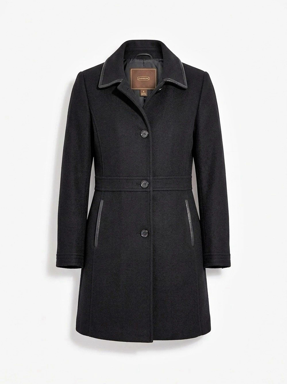 Coach Wool Trench Coat with Leather Trim Black Size L Pre-Owner Excellent Condit